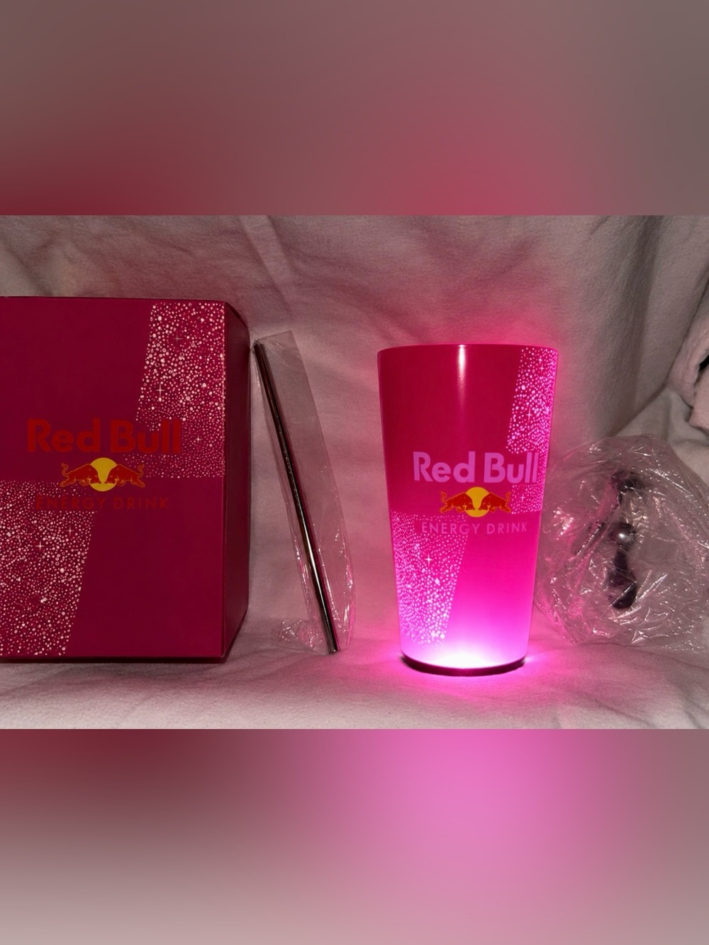 Red Bull water activated LED tumblr cup 14oz NWT bright PINK